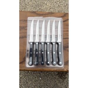 Ginsu Set of 6 Serrated Steak Knives Black Handles Stainless